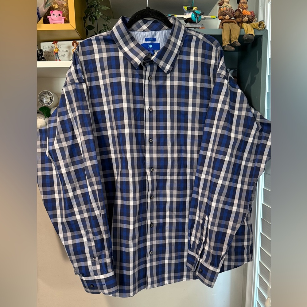 Egara Button Front Shirt Men's Blue Plaid Checks 3X‎ Classic Fit